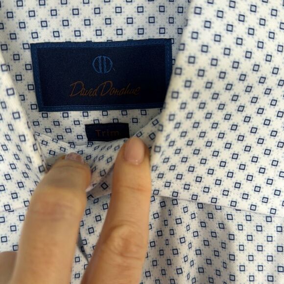 David Donahue White & Blue Geometric Print Dress Shirt Trim Fit 16 32/33 - Picture 2 of 9
